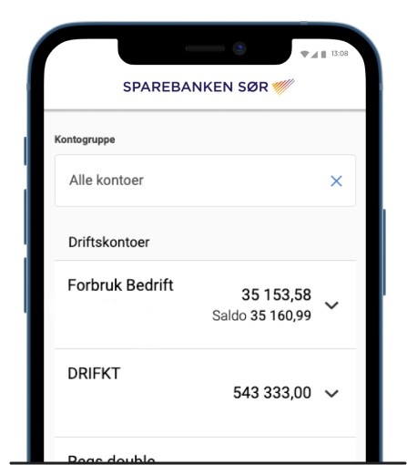Illustrasjon av kontooversikt i mobilbank bedrift i Sparebanken Sør