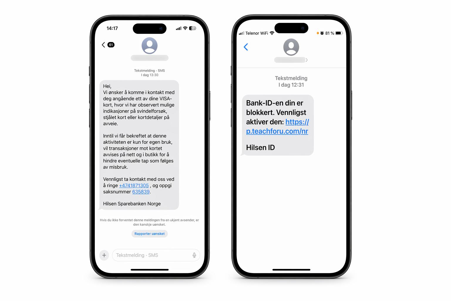 SMS-svindel med lenker Skjermbilder av SMS-er med lenker man ikke bør trykke på