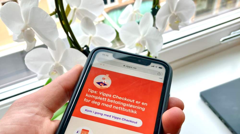 Hånd holder telefon med Vipps på skjermen