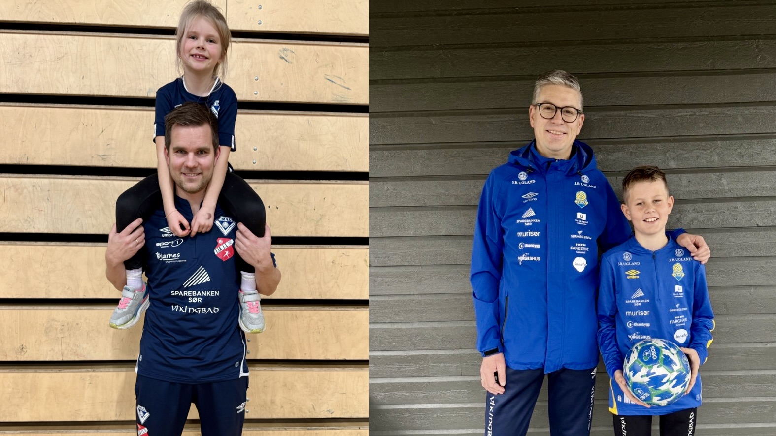 Thomas Strand (Grimstad håndball jenter 8) og Eirik Gundersen (Jerv gutter 11) er begge engasjert i barneidretten – her sammen med hvert sitt barn