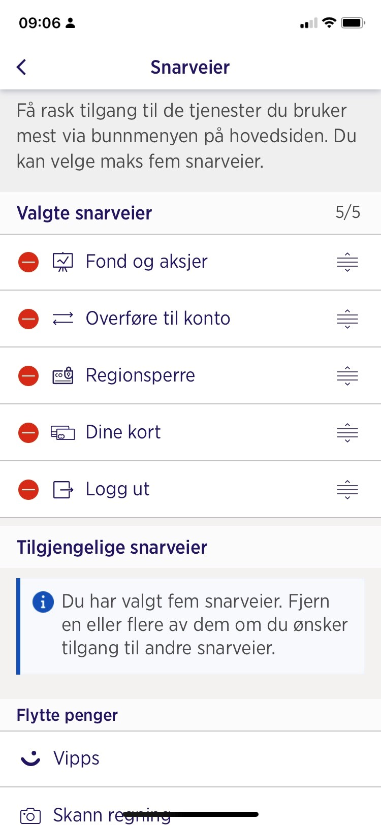 Liste over valgte snarveier i mobilbanken