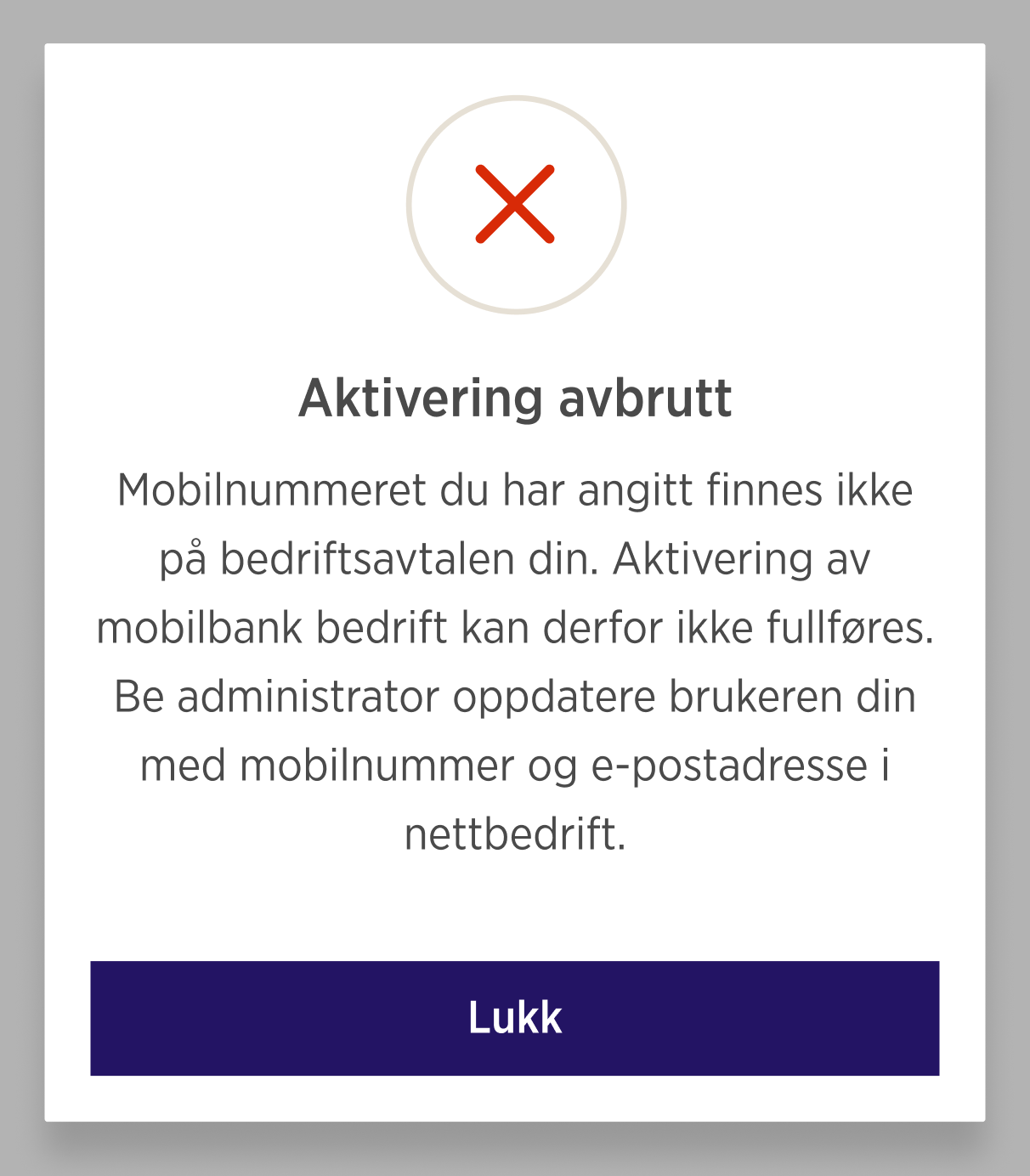 Feilmelding om bruker ikke har registrert mobilnummeret sitt