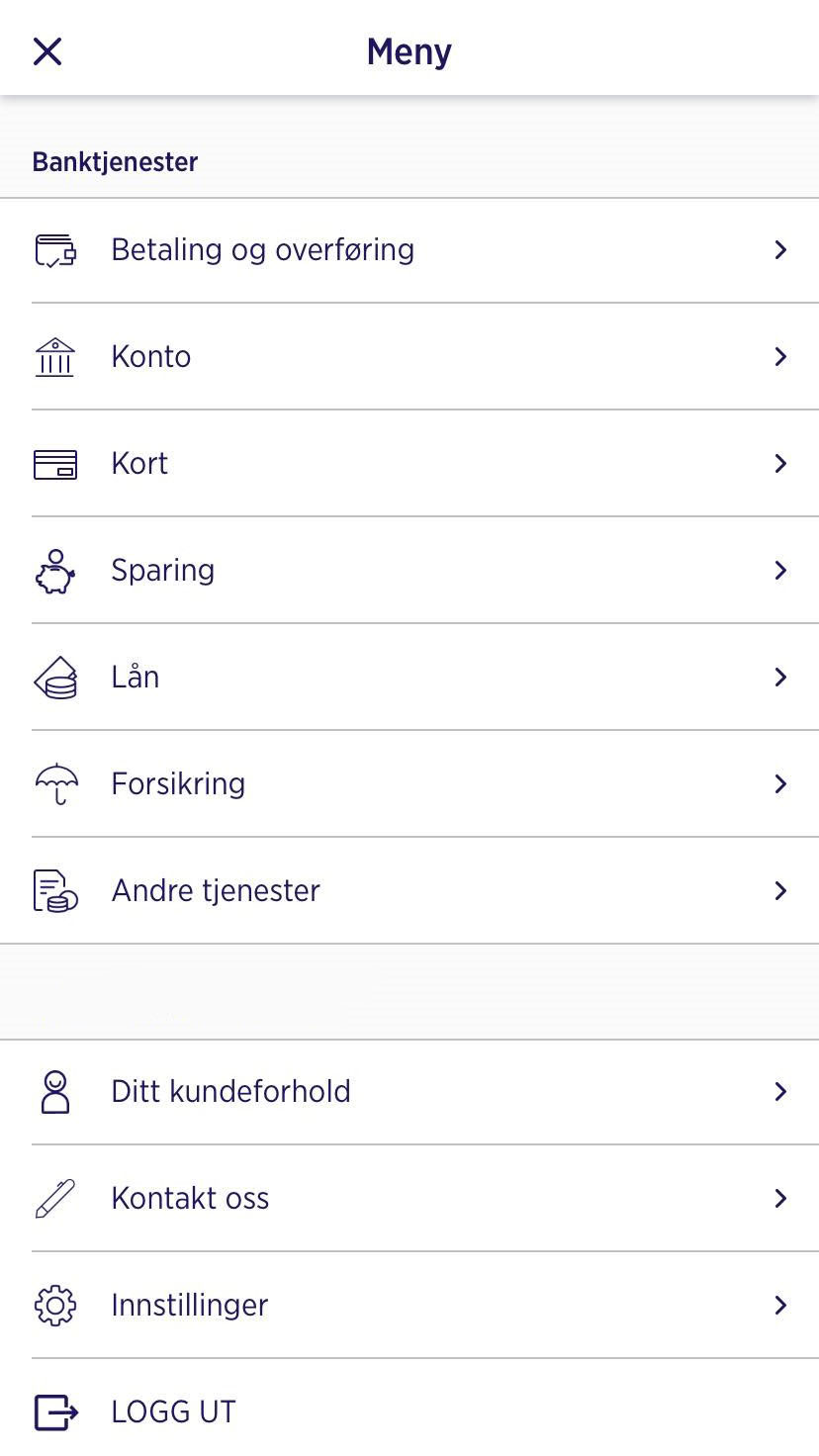 Slik er menyen i mobilbanken til Sparebanken Sør