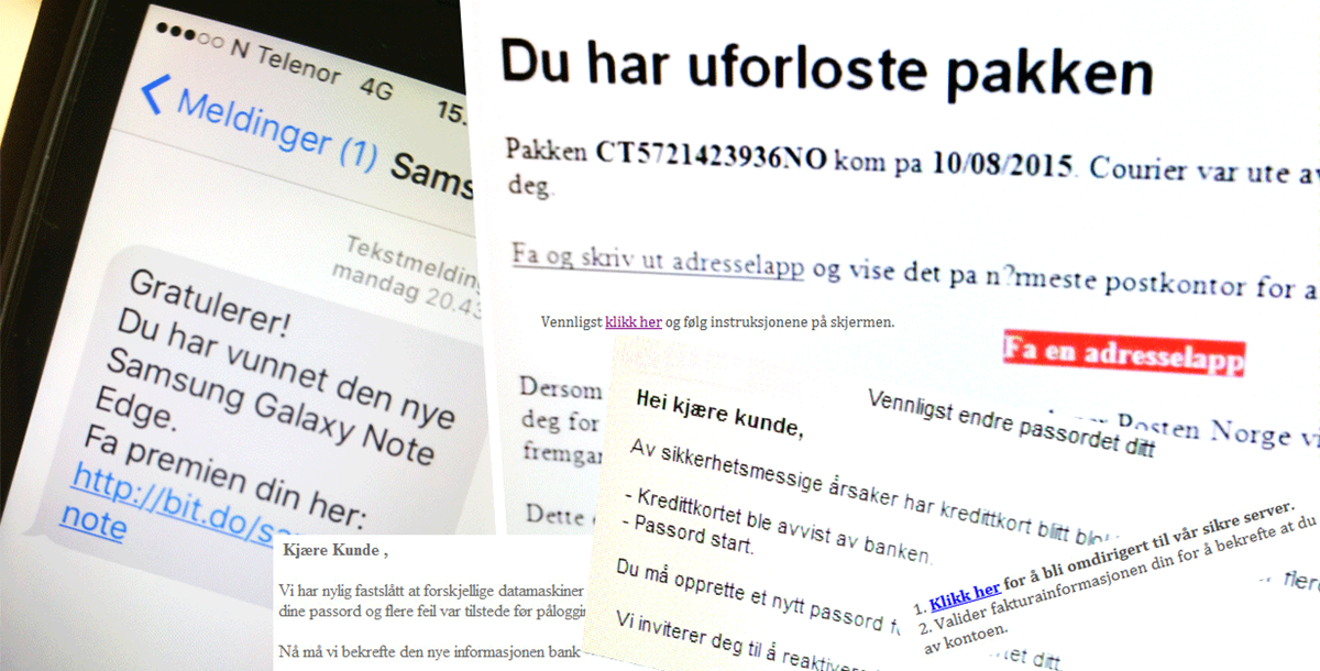Her ser du noen eksempler fra falske sms og e-post.