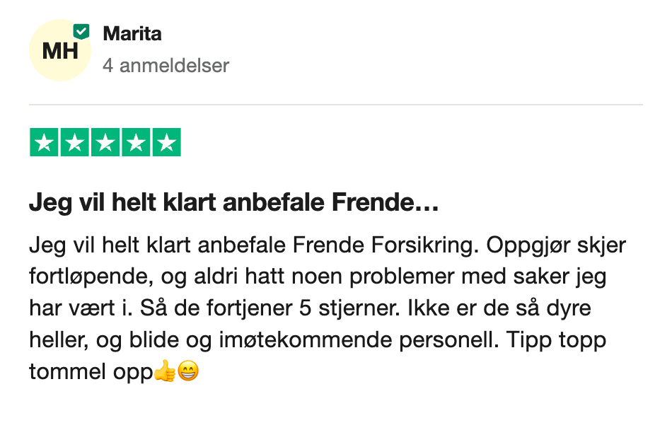 Trustpilot-anmeldelse fra Marita - fem stjerner