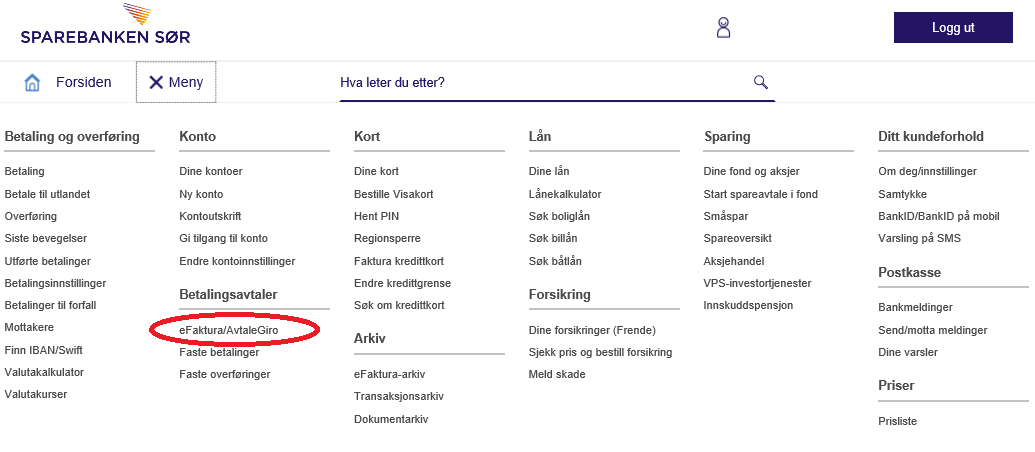 Menypunktet eFaktura og AvtaleGiro