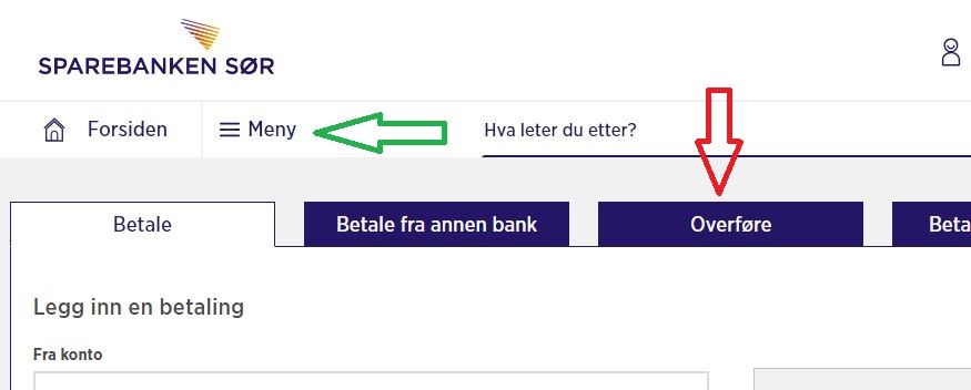 Utklipp av nettbanken med rød pil på faner som tas bort og grønn pil på inngangen til menyen