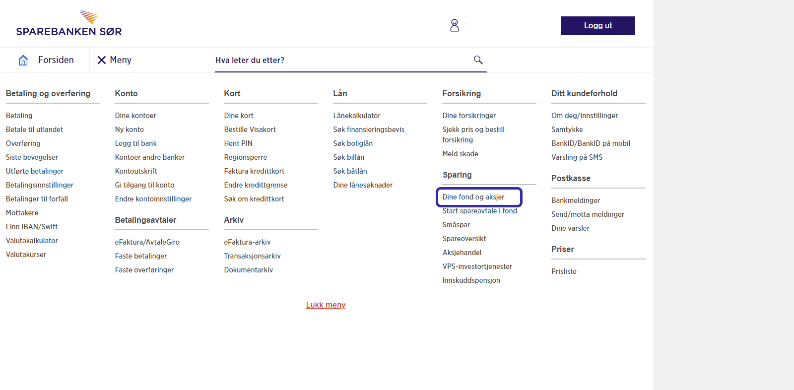 Skjermbilde av meny i nettbanken